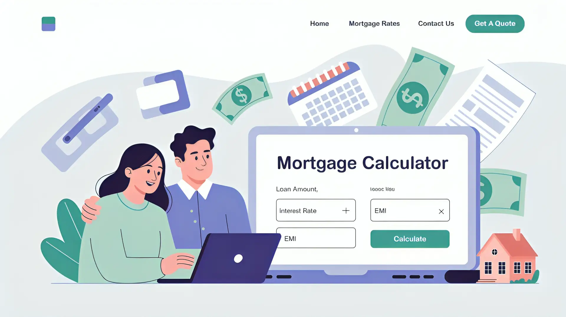"Illustration of couple using a mortgage calculator to plan their home loan with EMI, interest rate, and house model – perfect for home loan planning."