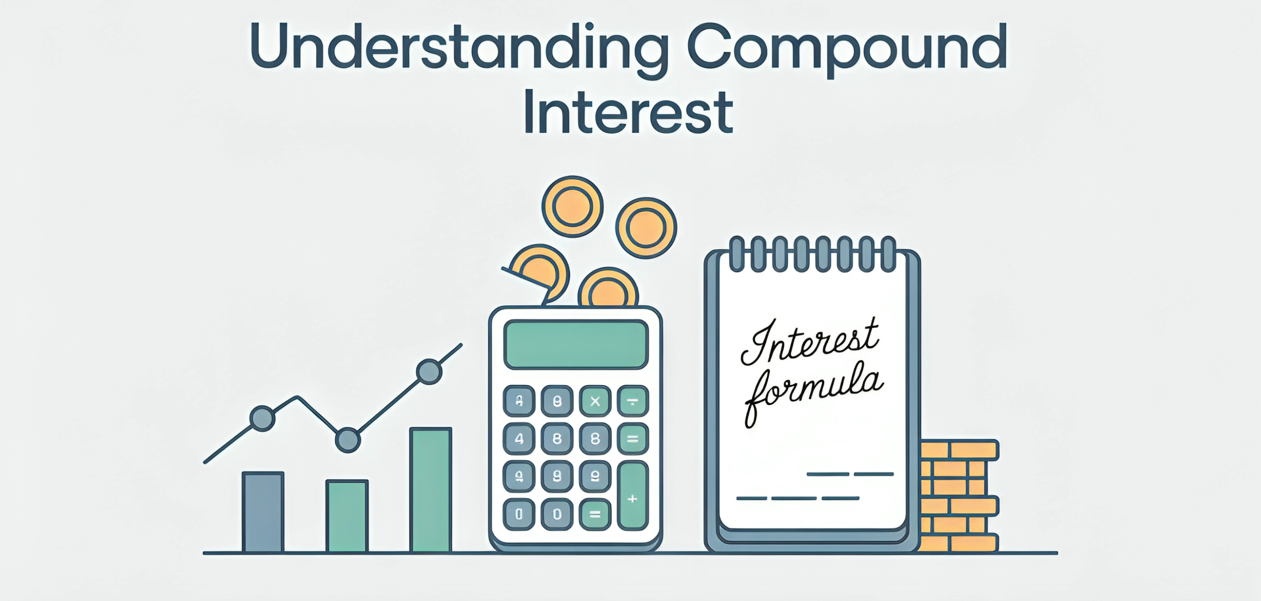 “Illustration of interest formula with calculator, coins, and graphs representing simple and compound interest”