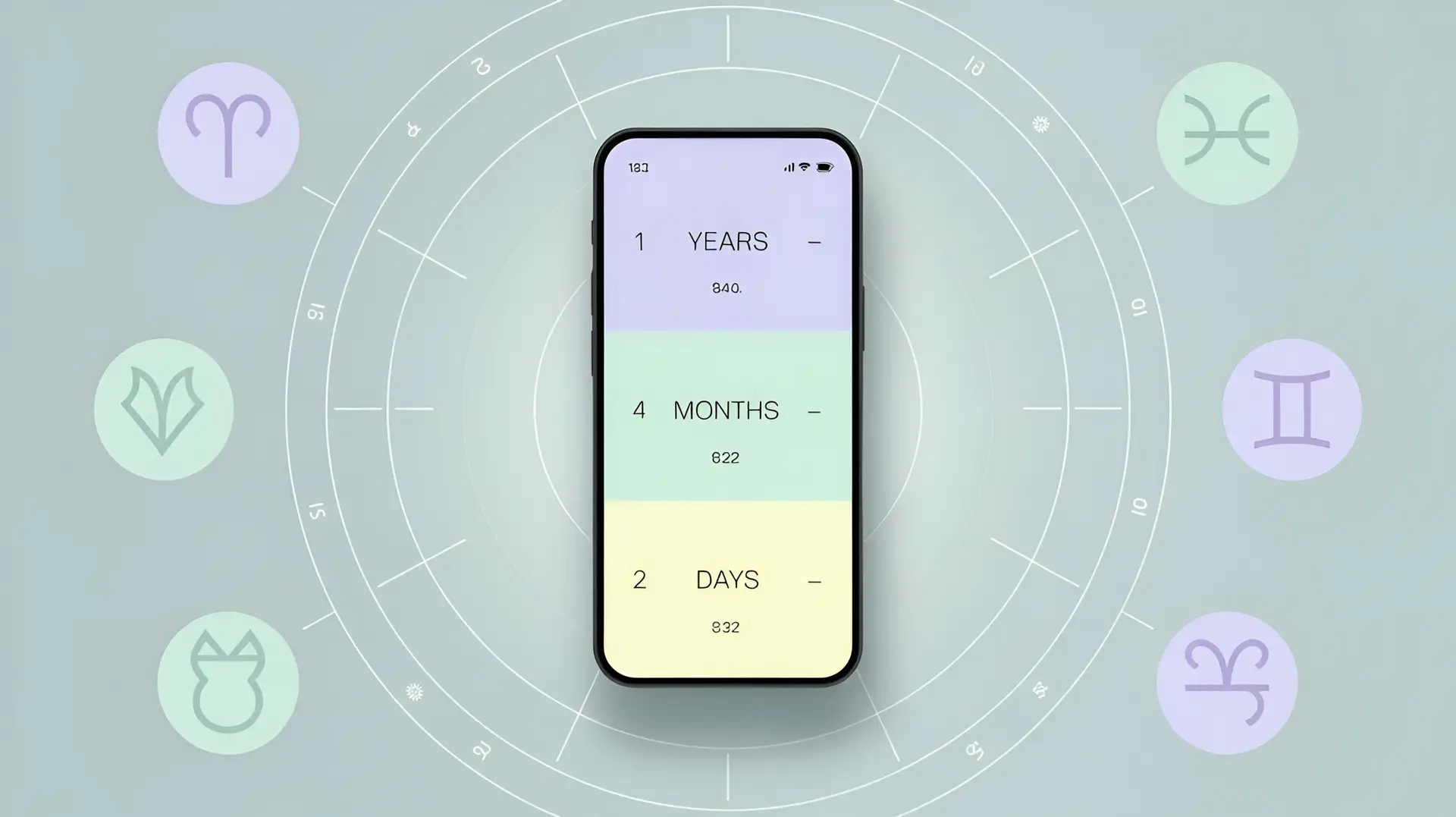 "Advanced Age Calculator showing exact age in years, months, and days with zodiac and birthstone icons"