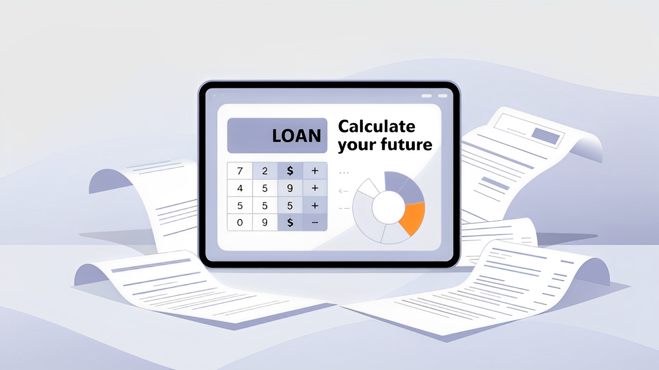 "Flat illustration of a loan calculator with financial documents and charts – visual guide for calculating loan payments and EMIs"