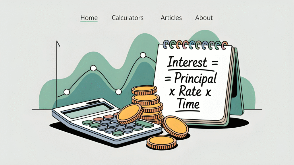 βIllustration of interest formula with calculator, coins, and graphs representing simple and compound interestβ